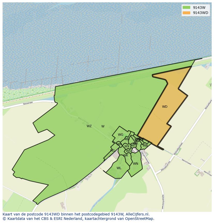 Afbeelding van het postcodegebied 9143 WD op de kaart.