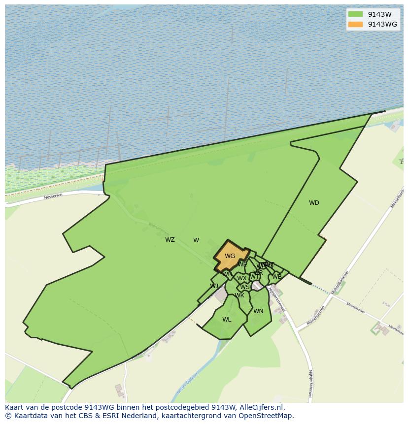 Afbeelding van het postcodegebied 9143 WG op de kaart.