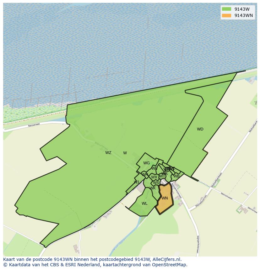 Afbeelding van het postcodegebied 9143 WN op de kaart.