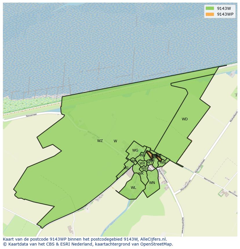 Afbeelding van het postcodegebied 9143 WP op de kaart.