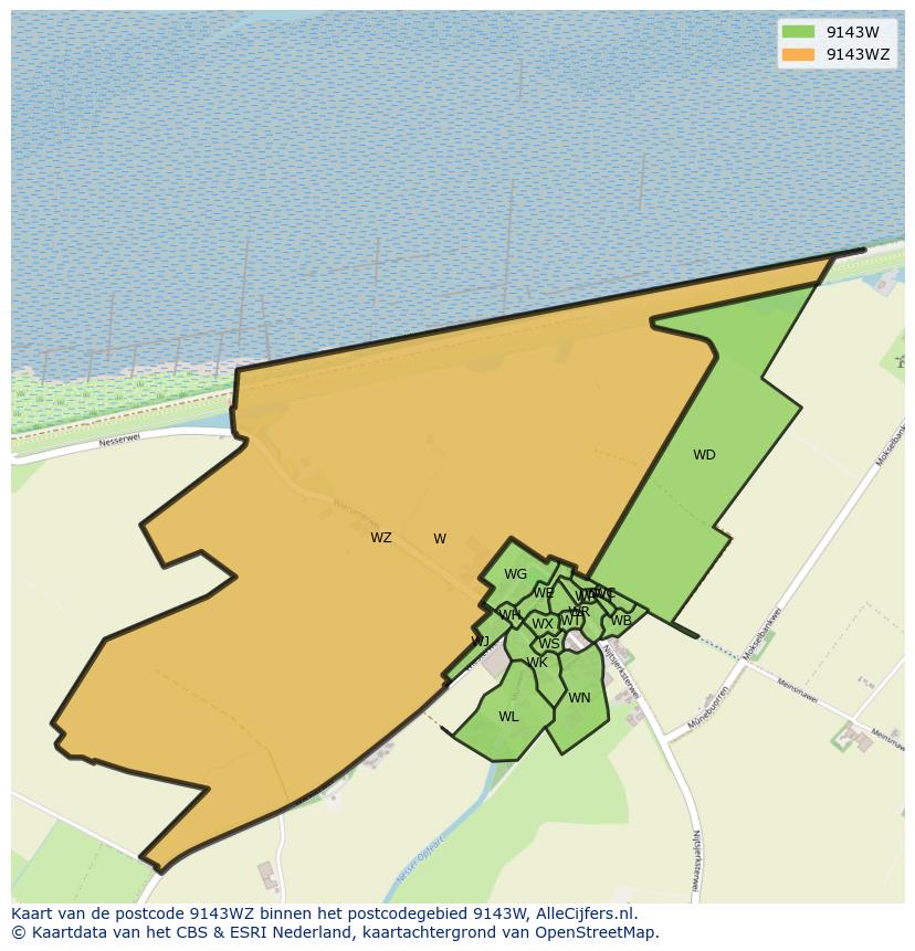 Afbeelding van het postcodegebied 9143 WZ op de kaart.