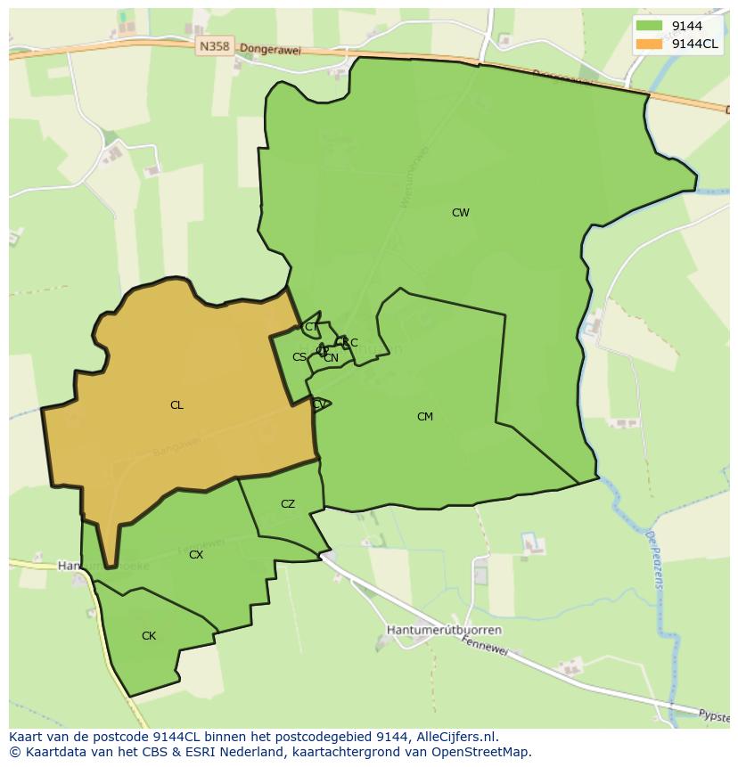 Afbeelding van het postcodegebied 9144 CL op de kaart.