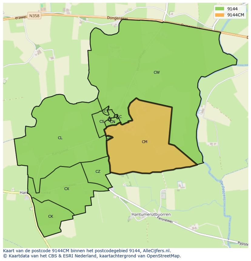 Afbeelding van het postcodegebied 9144 CM op de kaart.