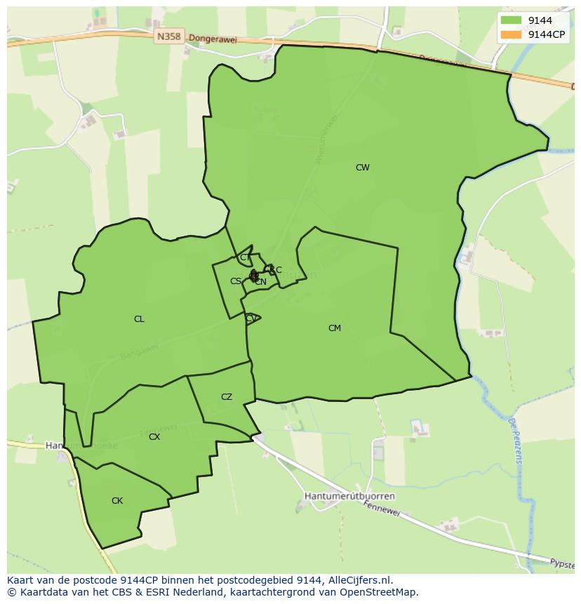 Afbeelding van het postcodegebied 9144 CP op de kaart.