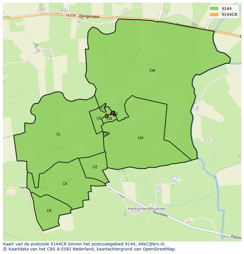 Afbeelding van het postcodegebied 9144 CR op de kaart.
