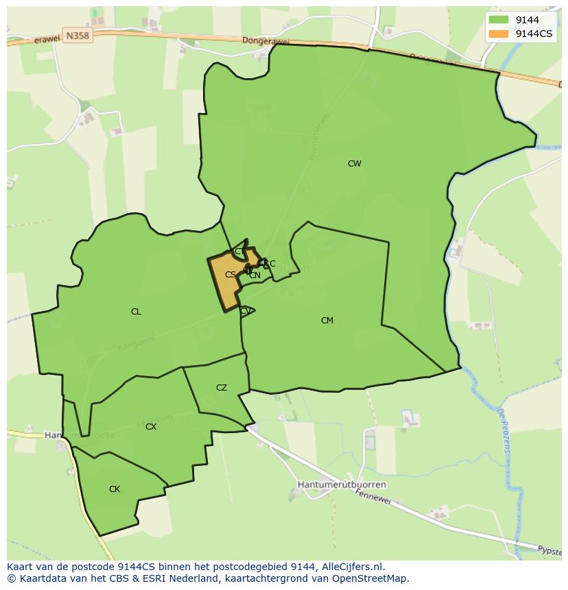 Afbeelding van het postcodegebied 9144 CS op de kaart.