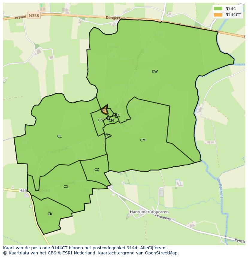 Afbeelding van het postcodegebied 9144 CT op de kaart.