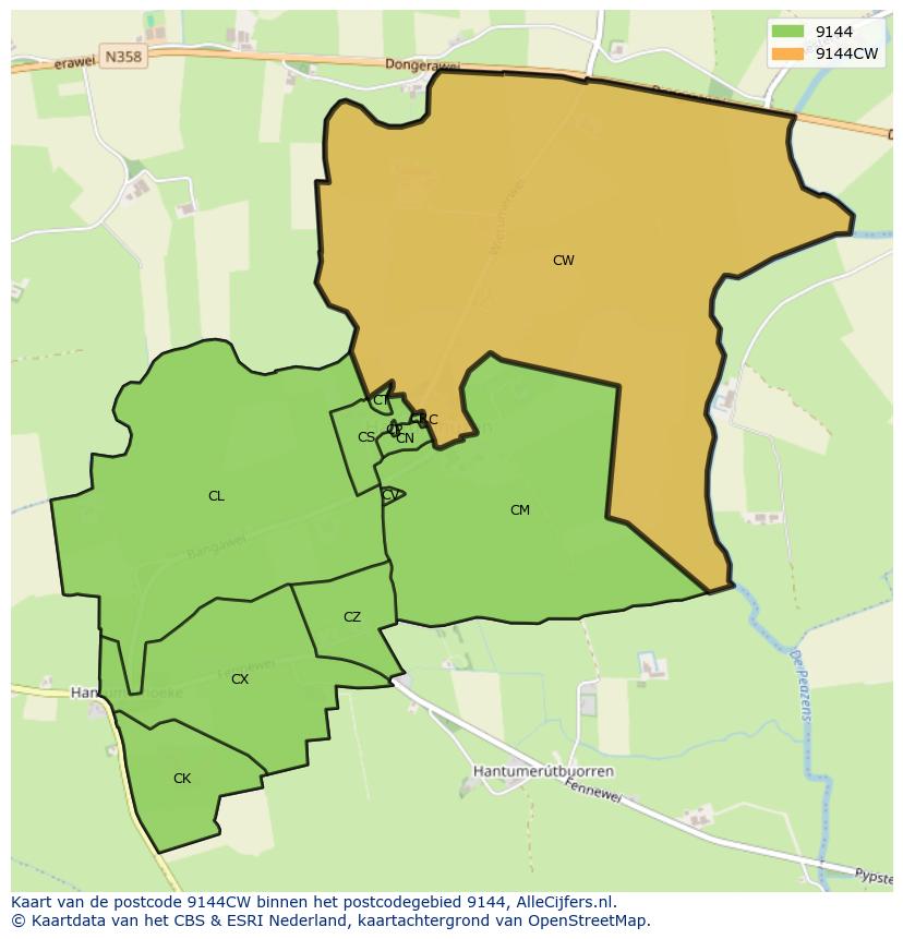 Afbeelding van het postcodegebied 9144 CW op de kaart.