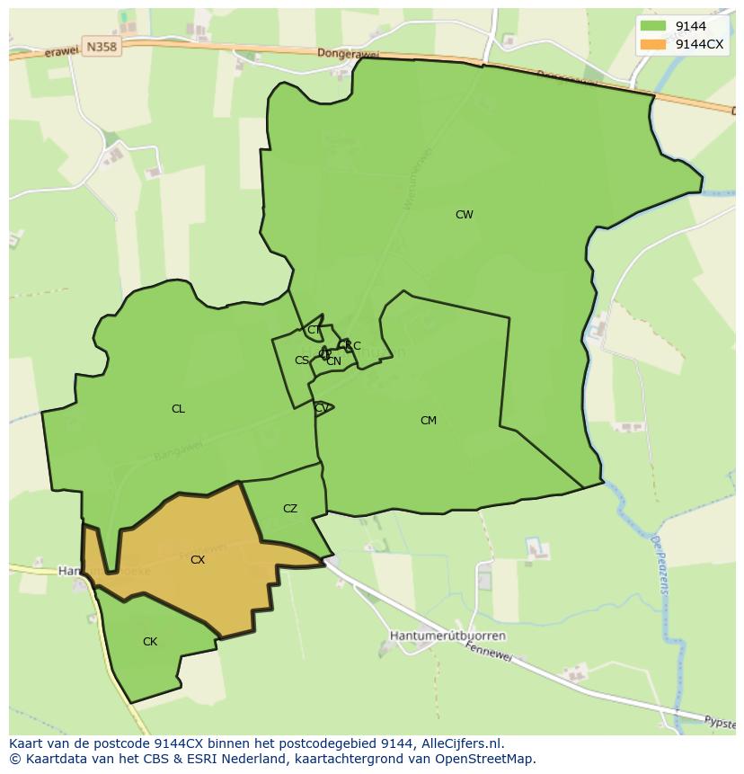Afbeelding van het postcodegebied 9144 CX op de kaart.