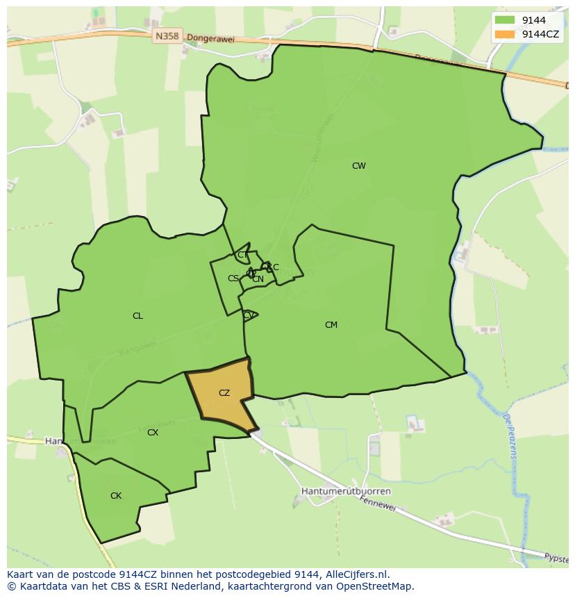 Afbeelding van het postcodegebied 9144 CZ op de kaart.