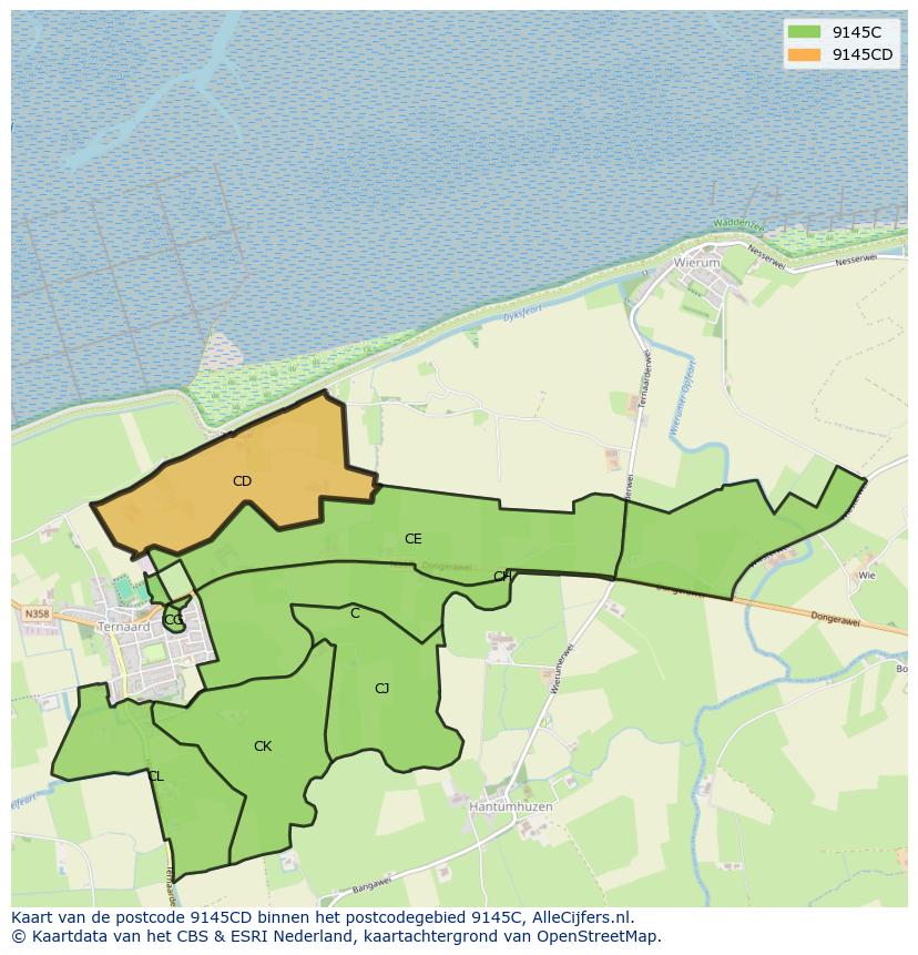 Afbeelding van het postcodegebied 9145 CD op de kaart.