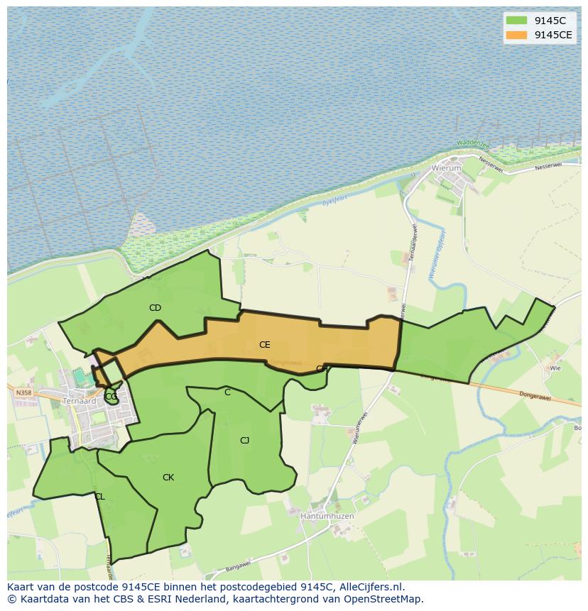 Afbeelding van het postcodegebied 9145 CE op de kaart.
