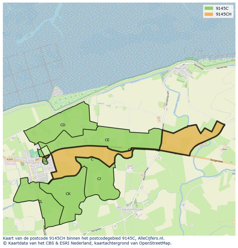 Afbeelding van het postcodegebied 9145 CH op de kaart.
