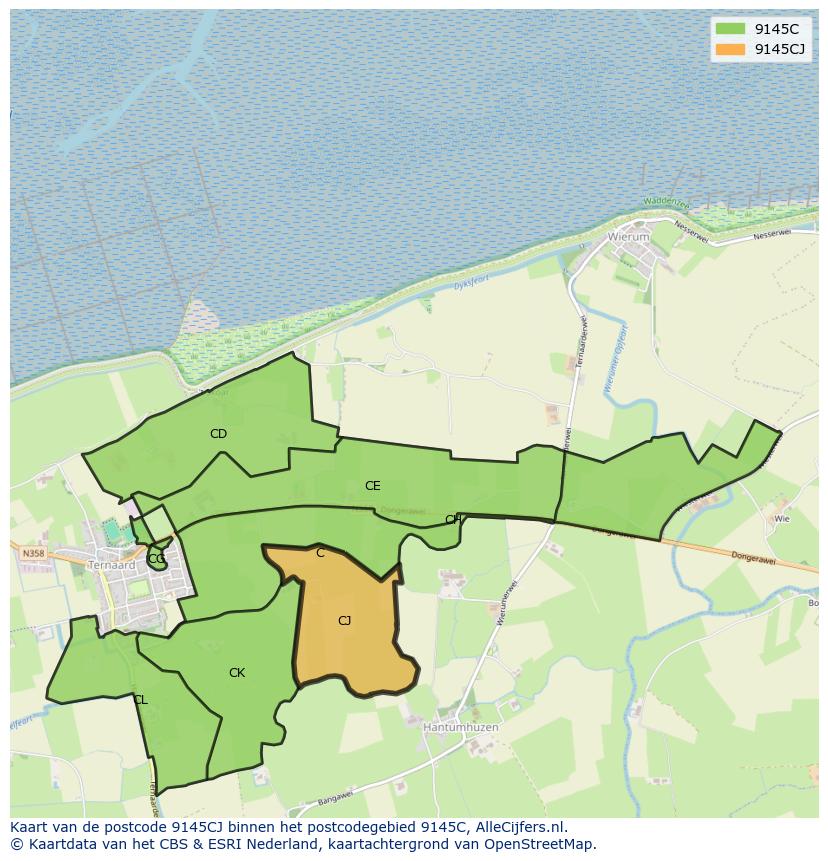 Afbeelding van het postcodegebied 9145 CJ op de kaart.