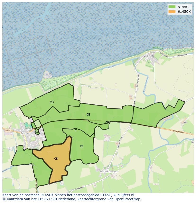 Afbeelding van het postcodegebied 9145 CK op de kaart.