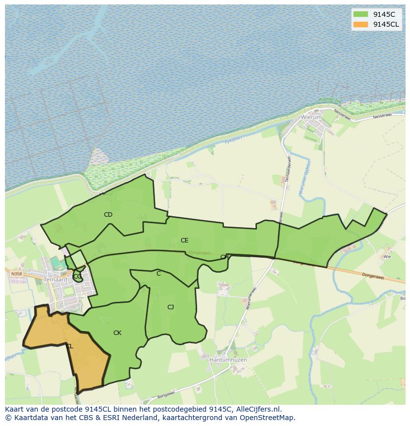 Afbeelding van het postcodegebied 9145 CL op de kaart.