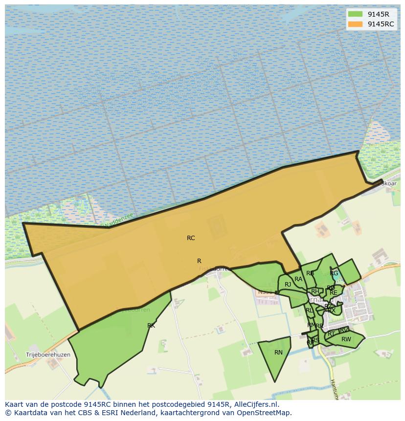 Afbeelding van het postcodegebied 9145 RC op de kaart.