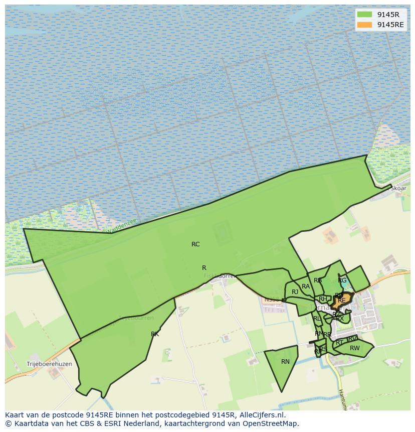 Afbeelding van het postcodegebied 9145 RE op de kaart.