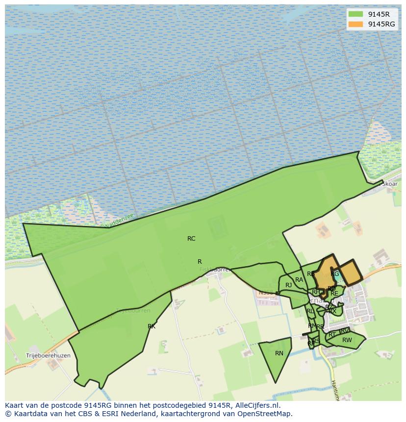 Afbeelding van het postcodegebied 9145 RG op de kaart.