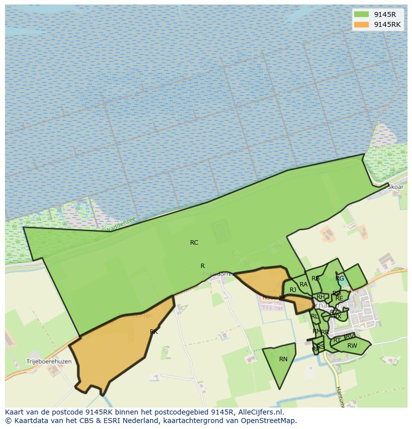 Afbeelding van het postcodegebied 9145 RK op de kaart.