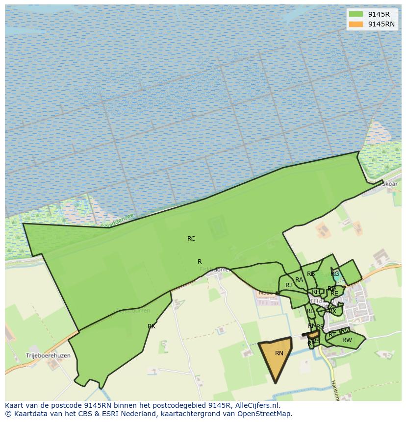 Afbeelding van het postcodegebied 9145 RN op de kaart.