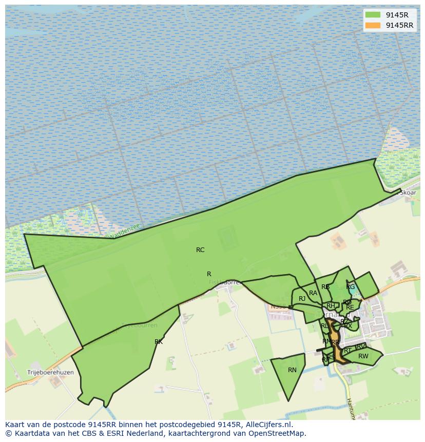 Afbeelding van het postcodegebied 9145 RR op de kaart.