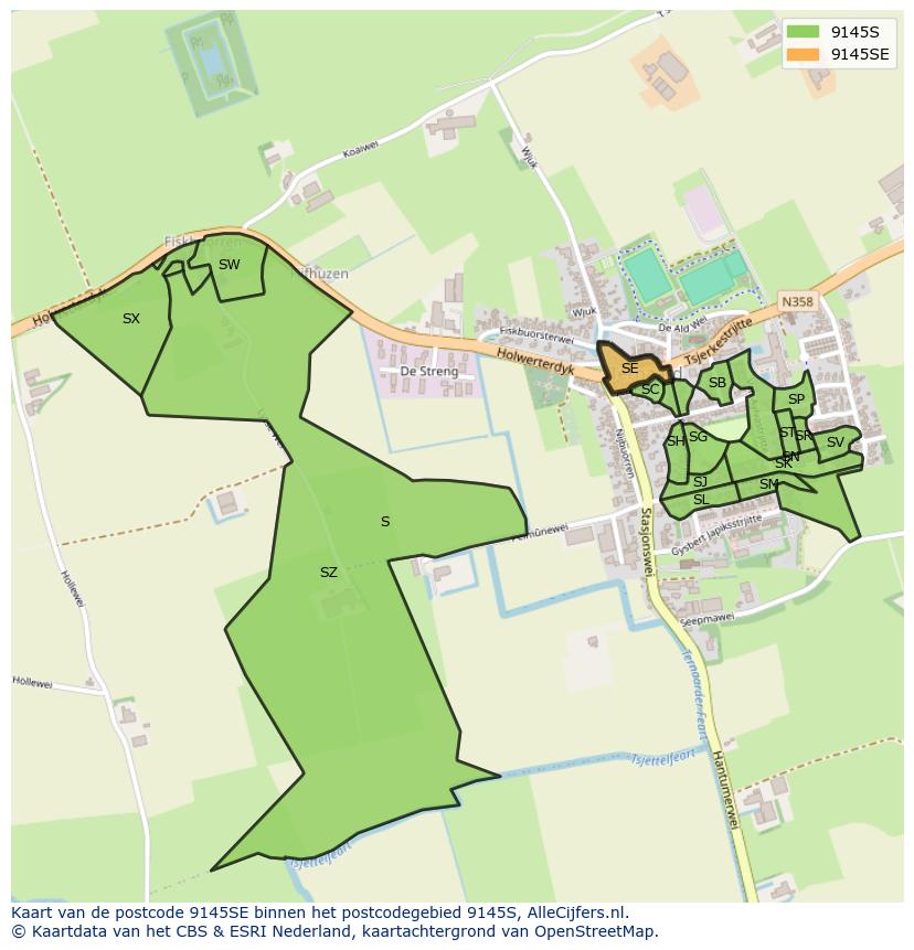 Afbeelding van het postcodegebied 9145 SE op de kaart.