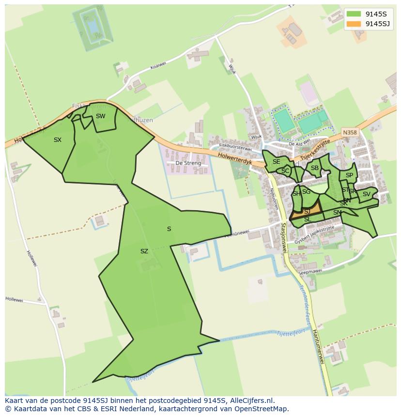 Afbeelding van het postcodegebied 9145 SJ op de kaart.