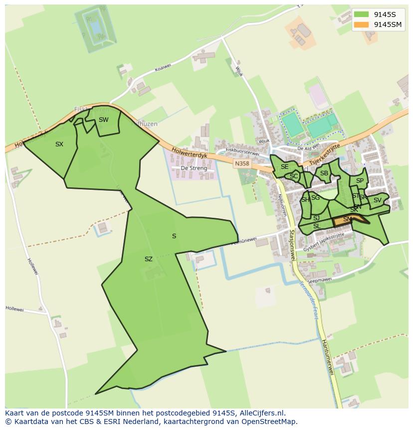 Afbeelding van het postcodegebied 9145 SM op de kaart.