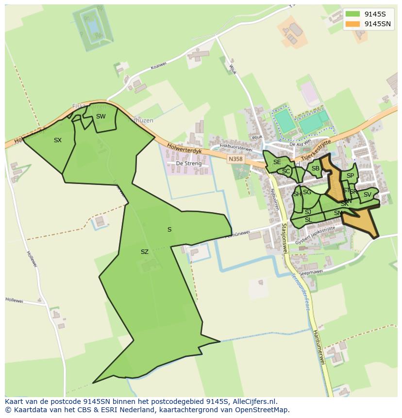 Afbeelding van het postcodegebied 9145 SN op de kaart.