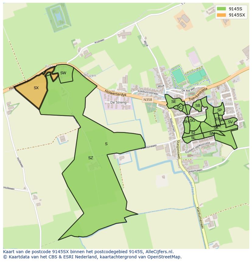 Afbeelding van het postcodegebied 9145 SX op de kaart.