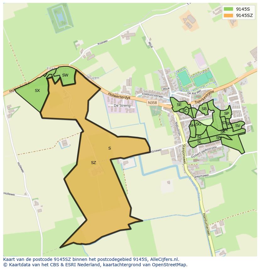 Afbeelding van het postcodegebied 9145 SZ op de kaart.