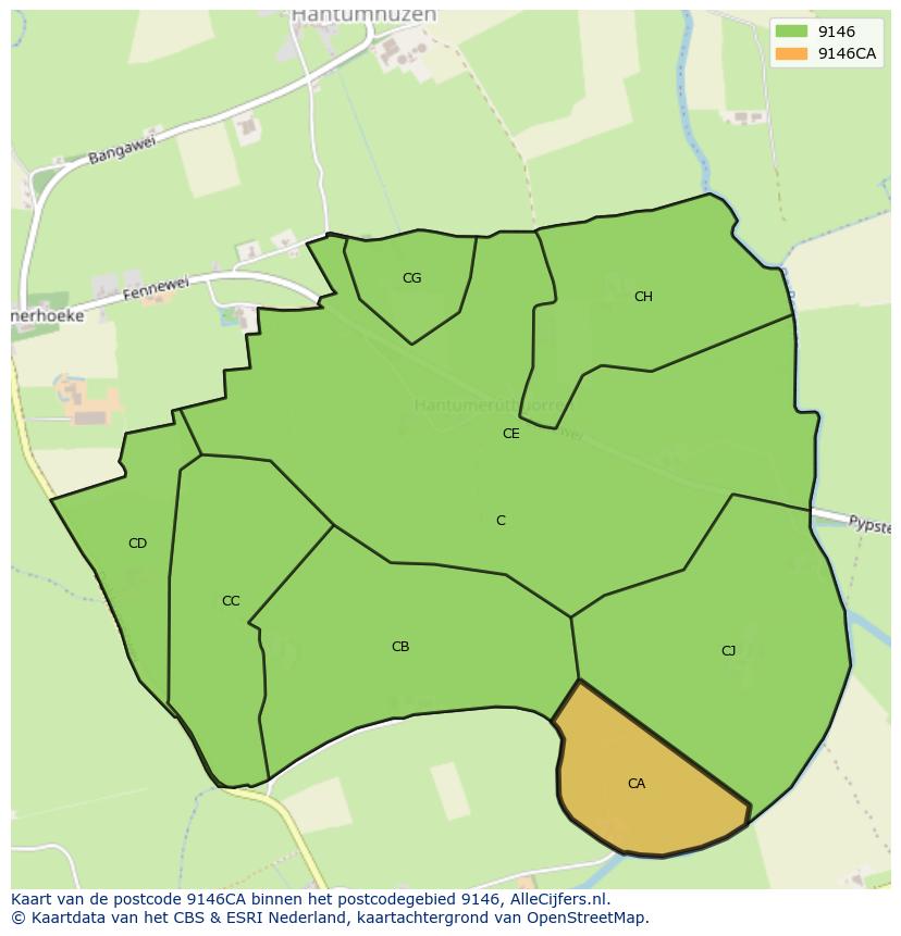 Afbeelding van het postcodegebied 9146 CA op de kaart.