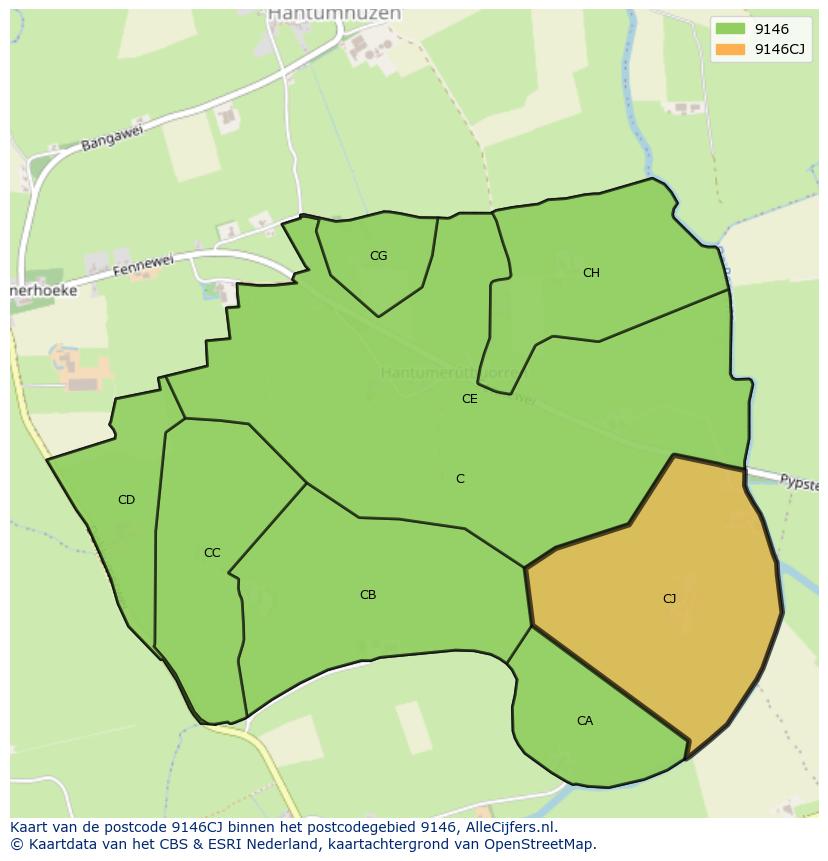 Afbeelding van het postcodegebied 9146 CJ op de kaart.