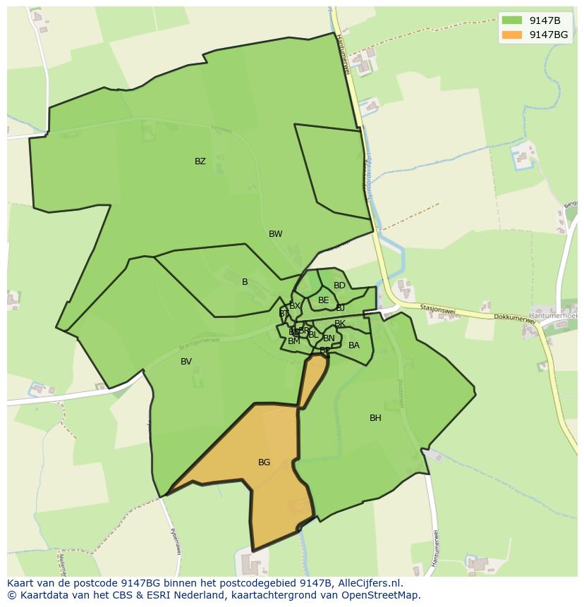 Afbeelding van het postcodegebied 9147 BG op de kaart.