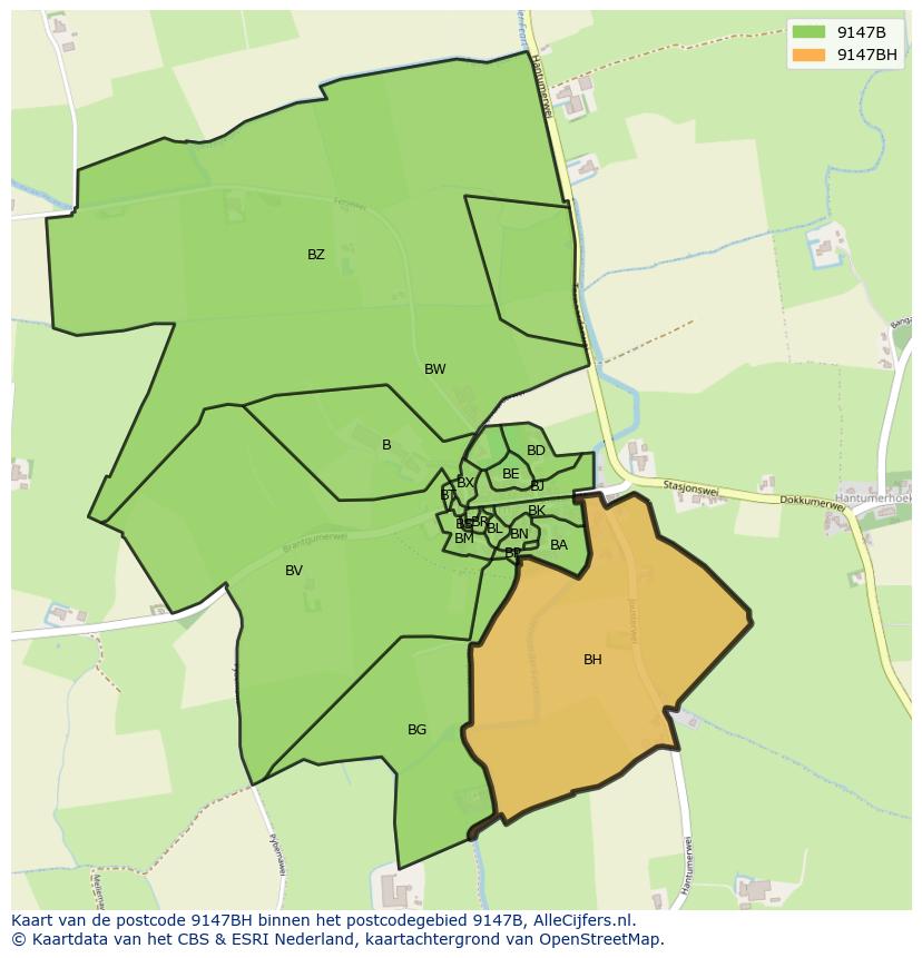 Afbeelding van het postcodegebied 9147 BH op de kaart.