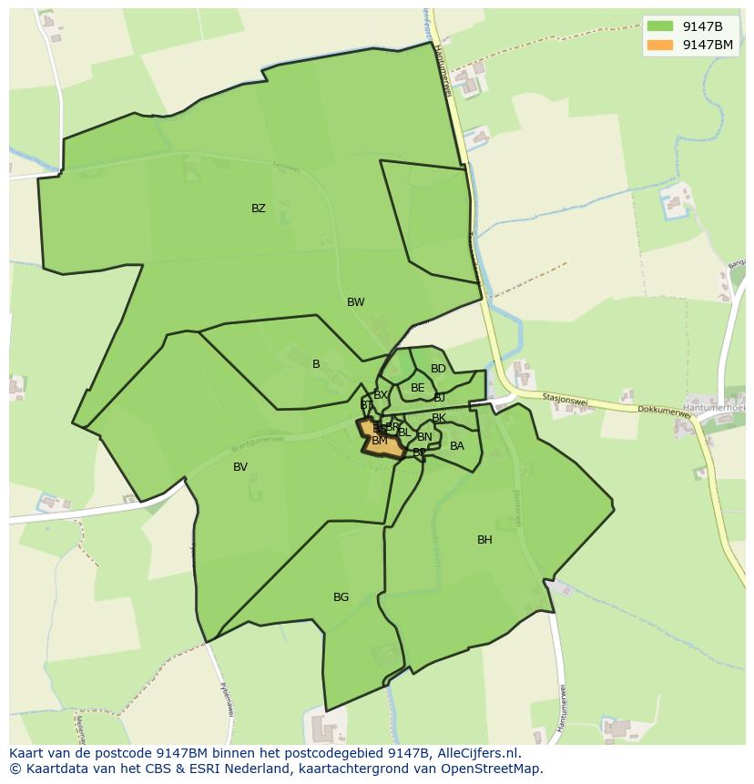 Afbeelding van het postcodegebied 9147 BM op de kaart.