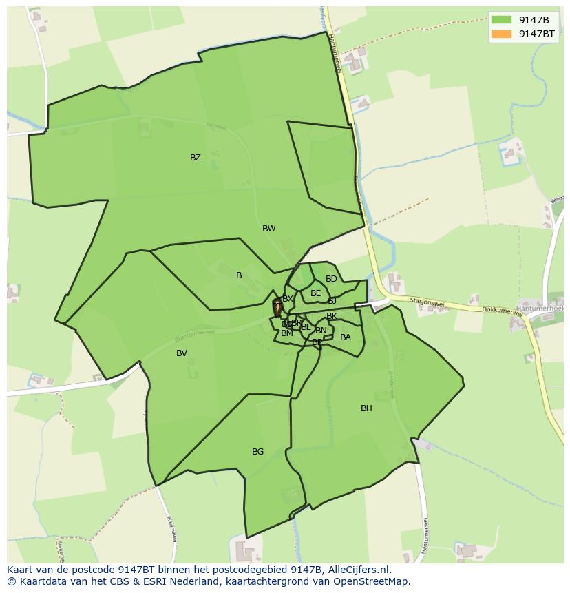 Afbeelding van het postcodegebied 9147 BT op de kaart.