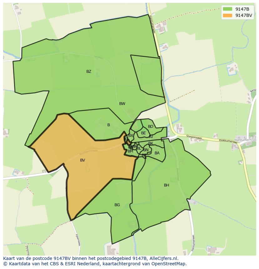 Afbeelding van het postcodegebied 9147 BV op de kaart.