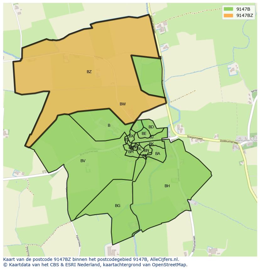 Afbeelding van het postcodegebied 9147 BZ op de kaart.