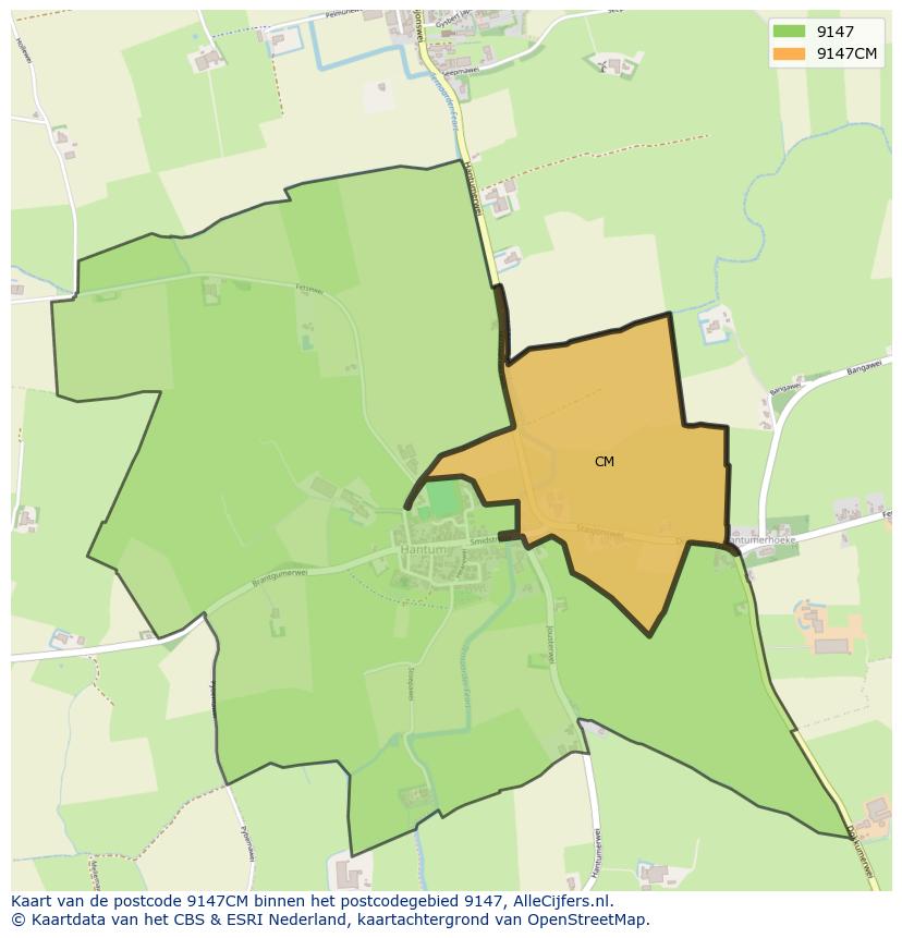 Afbeelding van het postcodegebied 9147 CM op de kaart.