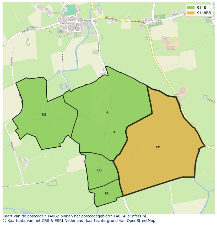 Afbeelding van het postcodegebied 9148 BB op de kaart.
