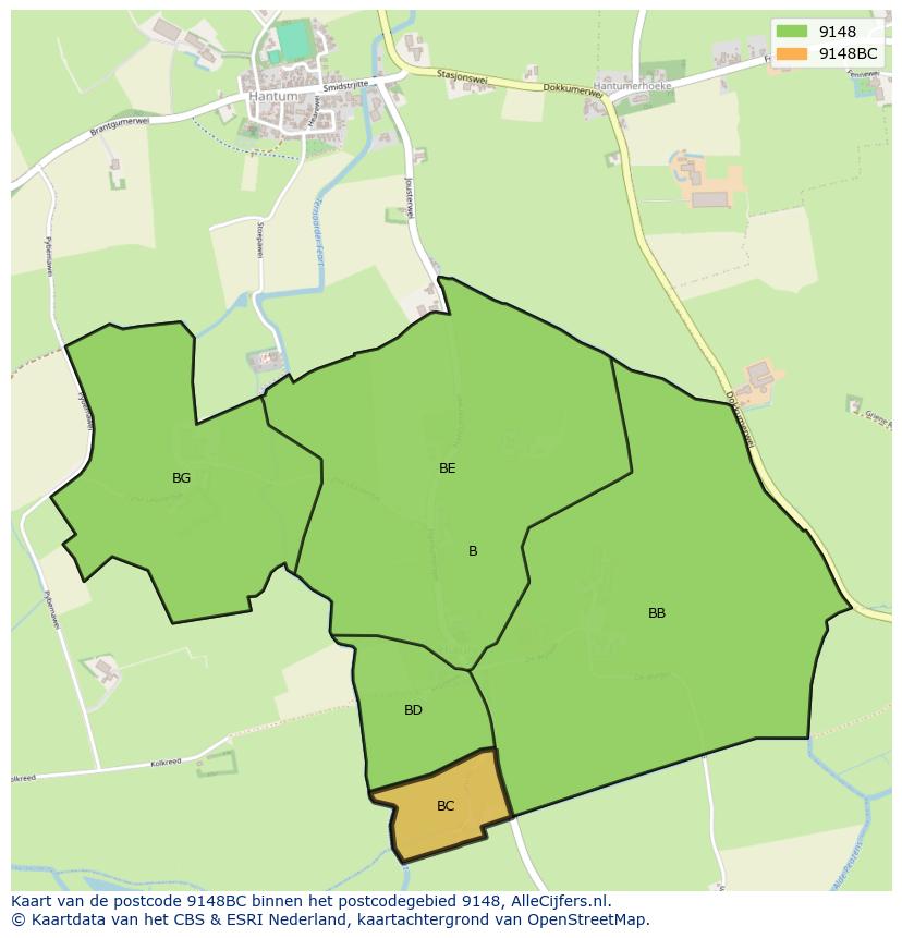 Afbeelding van het postcodegebied 9148 BC op de kaart.