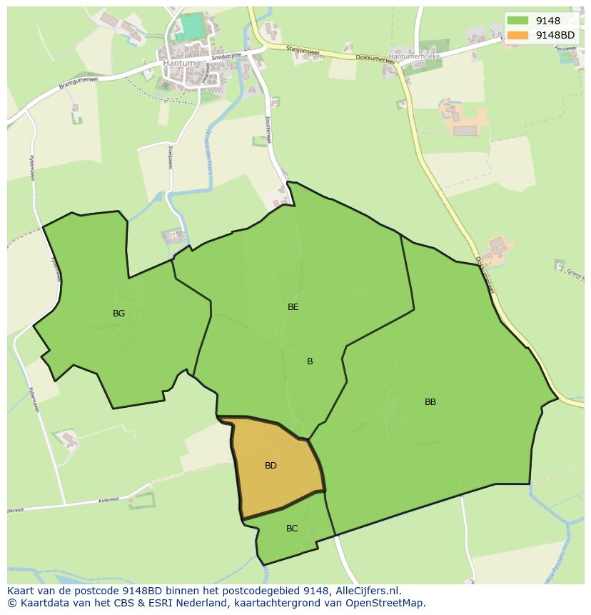 Afbeelding van het postcodegebied 9148 BD op de kaart.