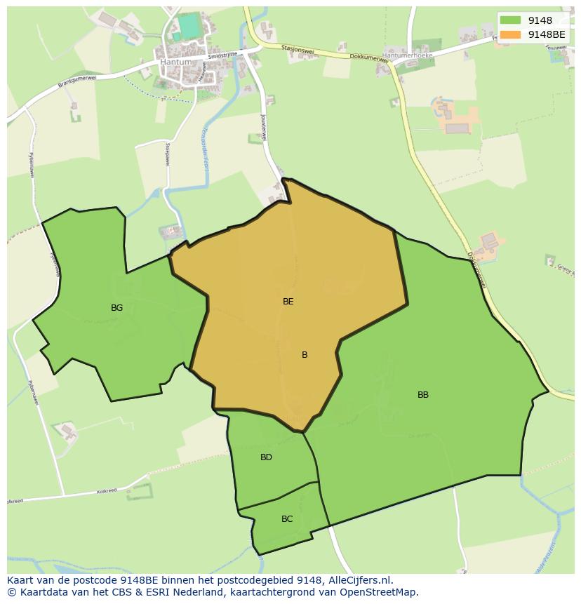 Afbeelding van het postcodegebied 9148 BE op de kaart.