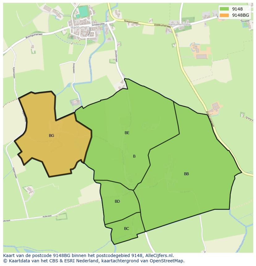 Afbeelding van het postcodegebied 9148 BG op de kaart.