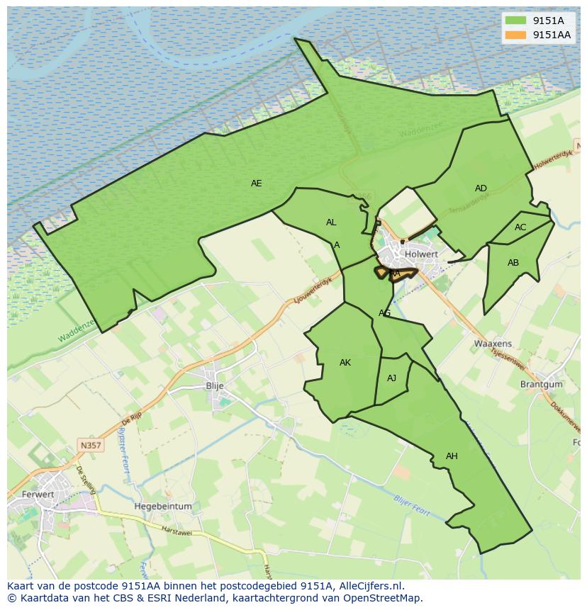 Afbeelding van het postcodegebied 9151 AA op de kaart.