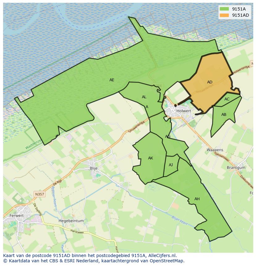 Afbeelding van het postcodegebied 9151 AD op de kaart.