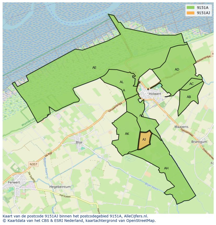 Afbeelding van het postcodegebied 9151 AJ op de kaart.