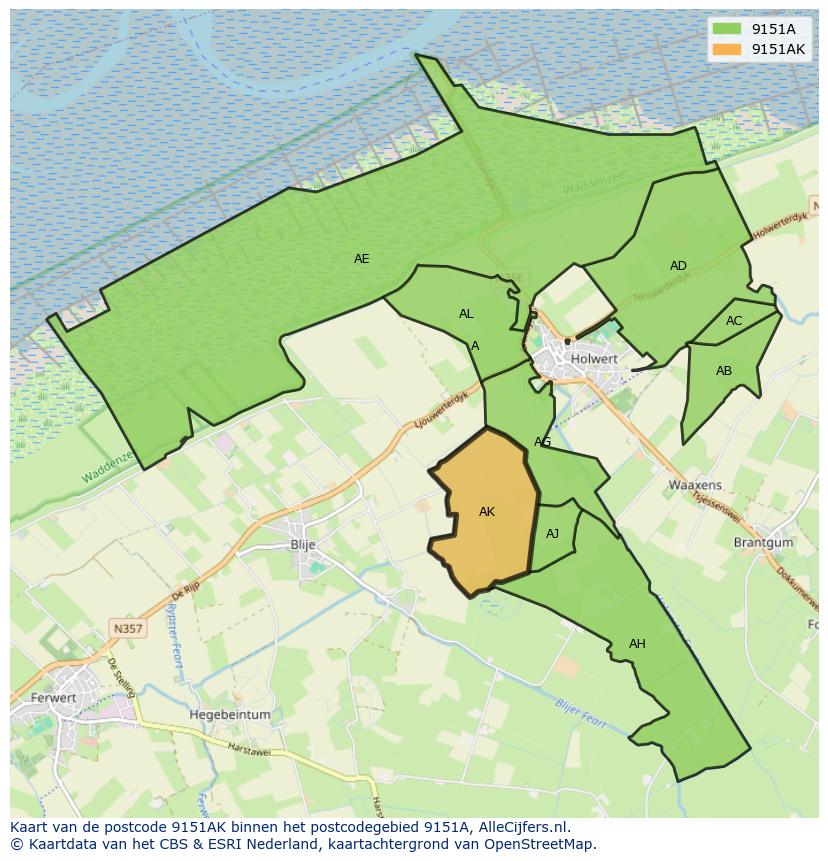 Afbeelding van het postcodegebied 9151 AK op de kaart.